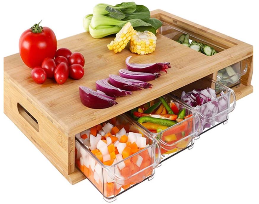Large Cutting Board with Storage for Kitchen Bamboo Chopping Board with 4 Slilding Storage Drawer Trays Box